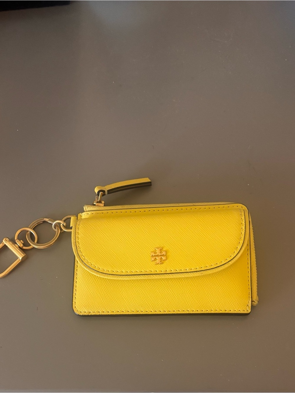 Tory Burch Yellow Saffiano Leather Key & Card Holder with Gold Hardware